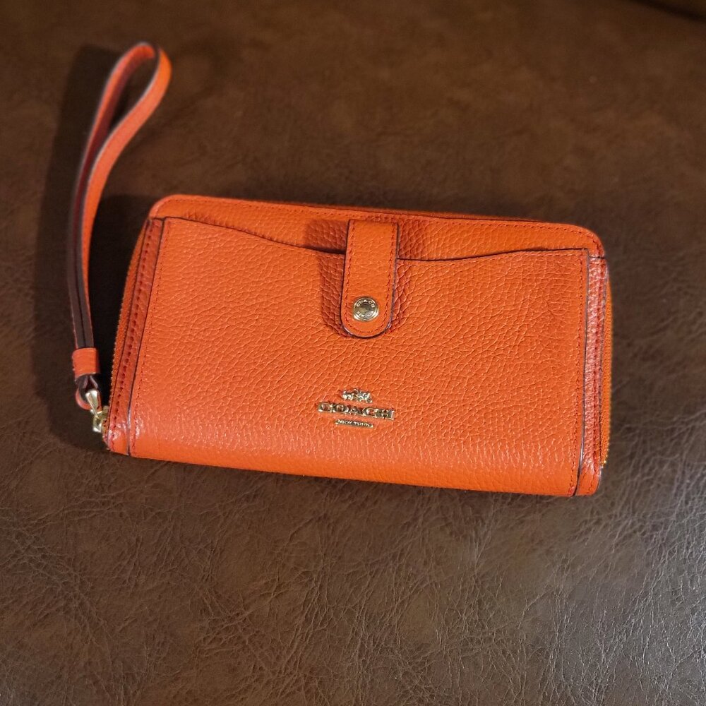Coach Orange Pebble Leather Zip Around Wallet
